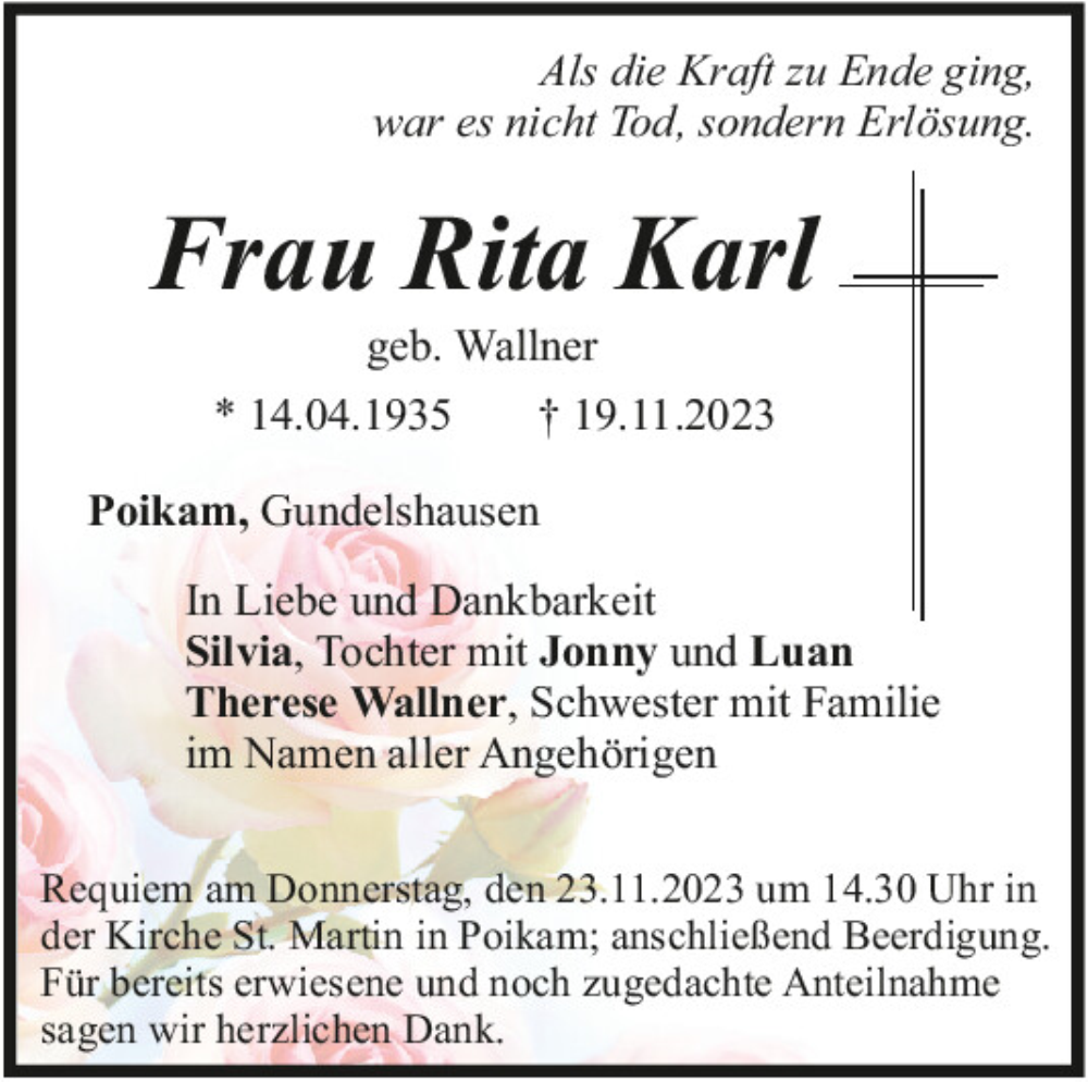  Traueranzeige für Rita Karl vom 21.11.2023 aus Mittelbayerische Zeitung Kelheim