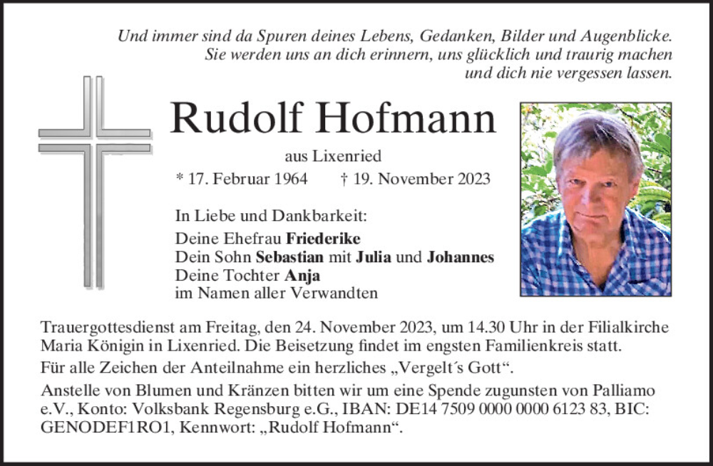  Traueranzeige für Rudolf Hofmann vom 22.11.2023 aus Bayerwald Echo