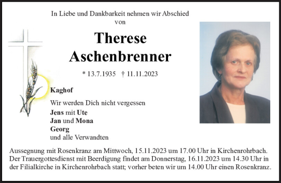 Traueranzeige von Therese Aschenbrenner von Bayerwald Echo