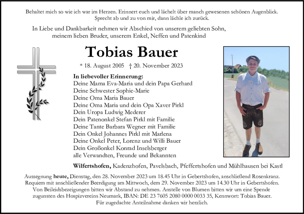  Traueranzeige für Tobias Bauer vom 28.11.2023 aus Neumarkter Tagblatt