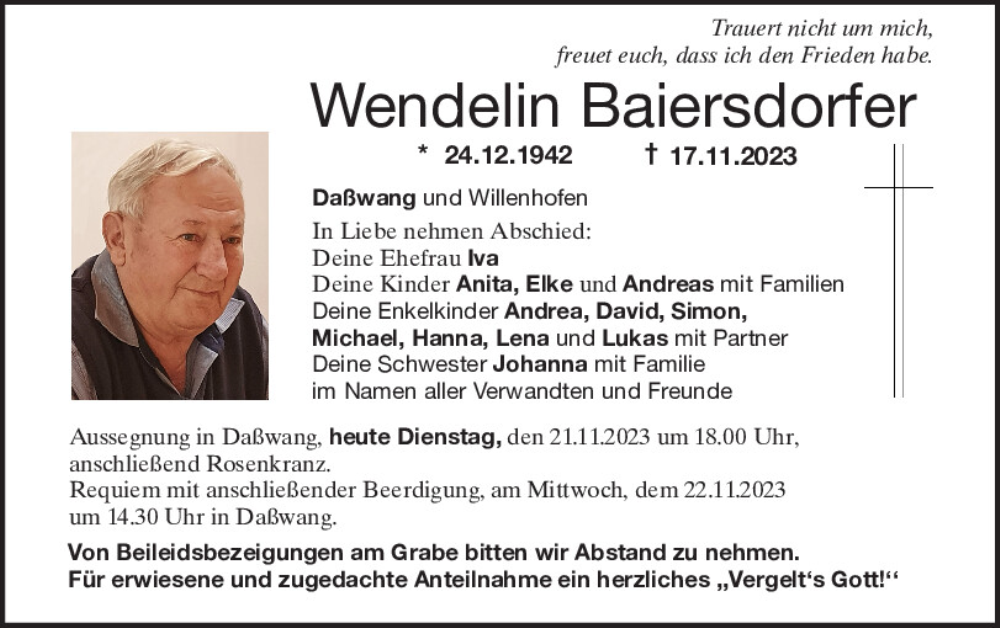  Traueranzeige für Wendelin Baiersdorfer vom 21.11.2023 aus Neumarkter Tagblatt
