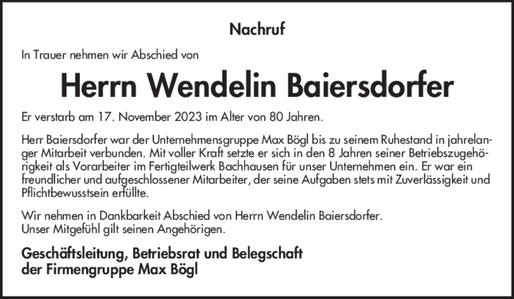  Traueranzeige für Wendelin Baiersdorfer vom 21.11.2023 aus Neumarkter Tagblatt