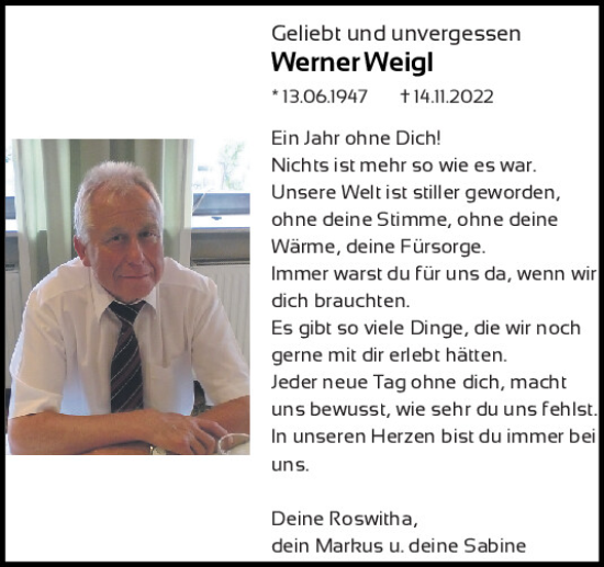 Traueranzeige von Werner Weigl von Mittelbayerische Zeitung Schwandorf
