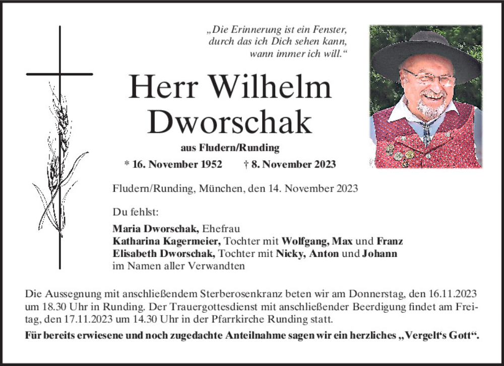  Traueranzeige für Wilhelm Dworschak vom 14.11.2023 aus Bayerwald Echo