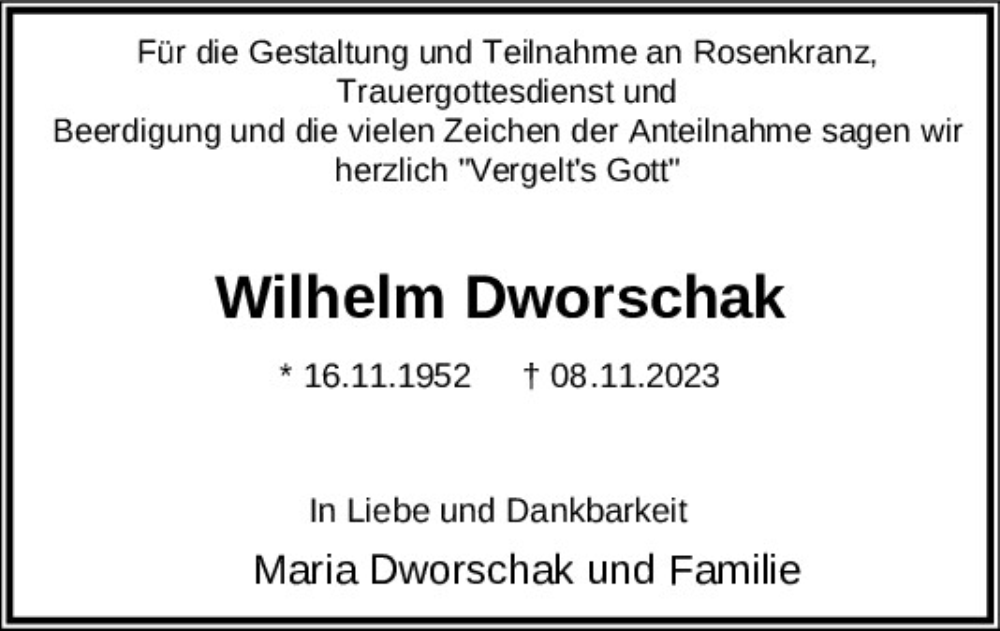  Traueranzeige für Wilhelm Dworschak vom 27.11.2023 aus Bayerwald Echo