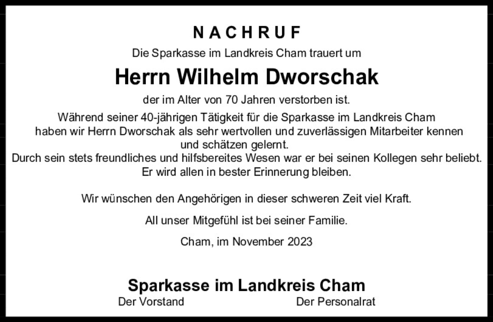  Traueranzeige für Wilhelm Dworschak vom 15.11.2023 aus Bayerwald Echo