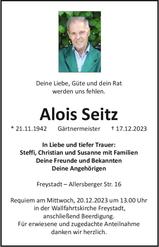  Traueranzeige für Alois Seitz vom 19.12.2023 aus Neumarkter Tagblatt