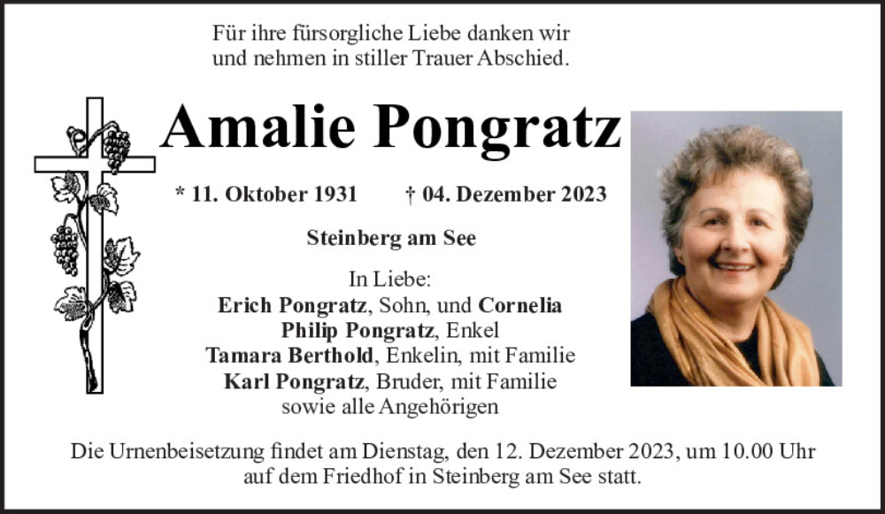  Traueranzeige für Amalie Pongratz vom 06.12.2023 aus Mittelbayerische Zeitung Schwandorf