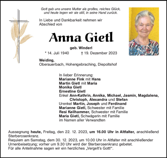 Traueranzeigen von Anna Gietl | Mittelbayerische Trauer