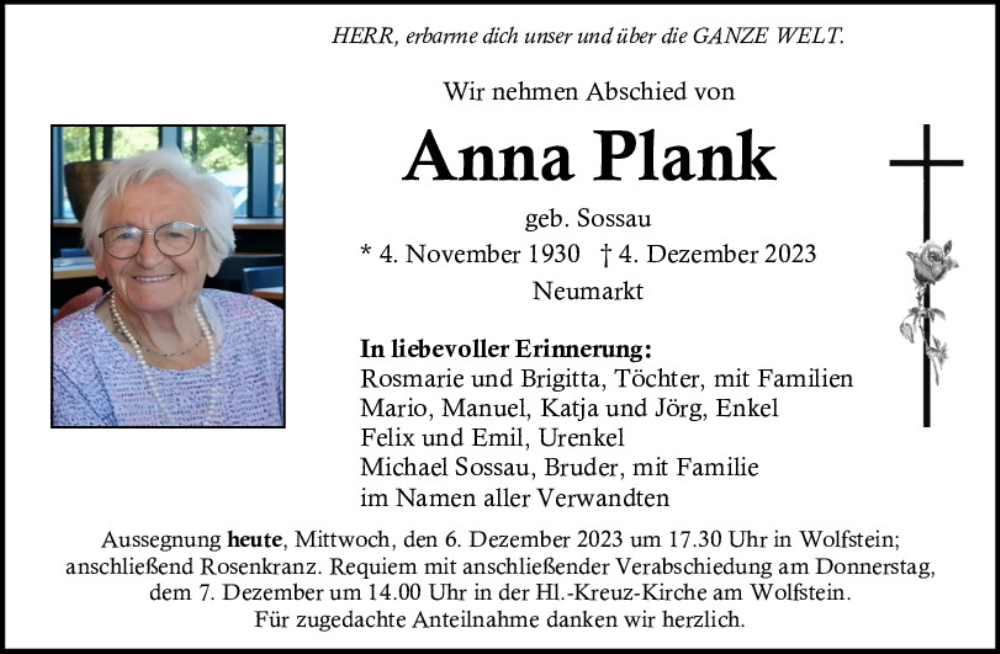  Traueranzeige für Anna Plank vom 06.12.2023 aus Neumarkter Tagblatt