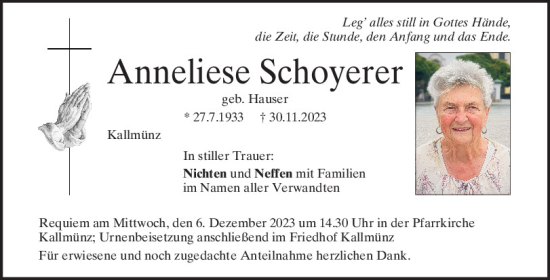 Traueranzeige von Anneliese Schoyerer von Mittelbayerische Zeitung Regensburg