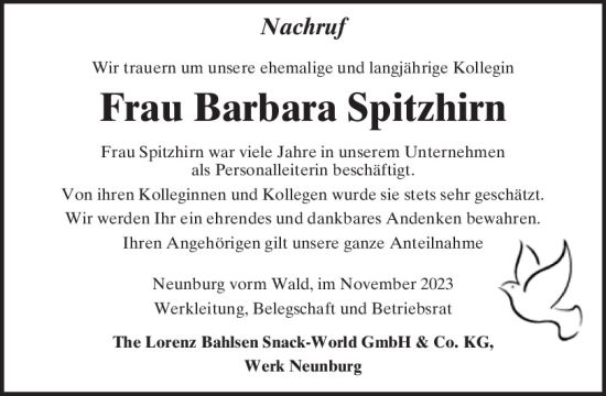 Traueranzeige von Barbara Spitzhirn von Mittelbayerische Zeitung Schwandorf
