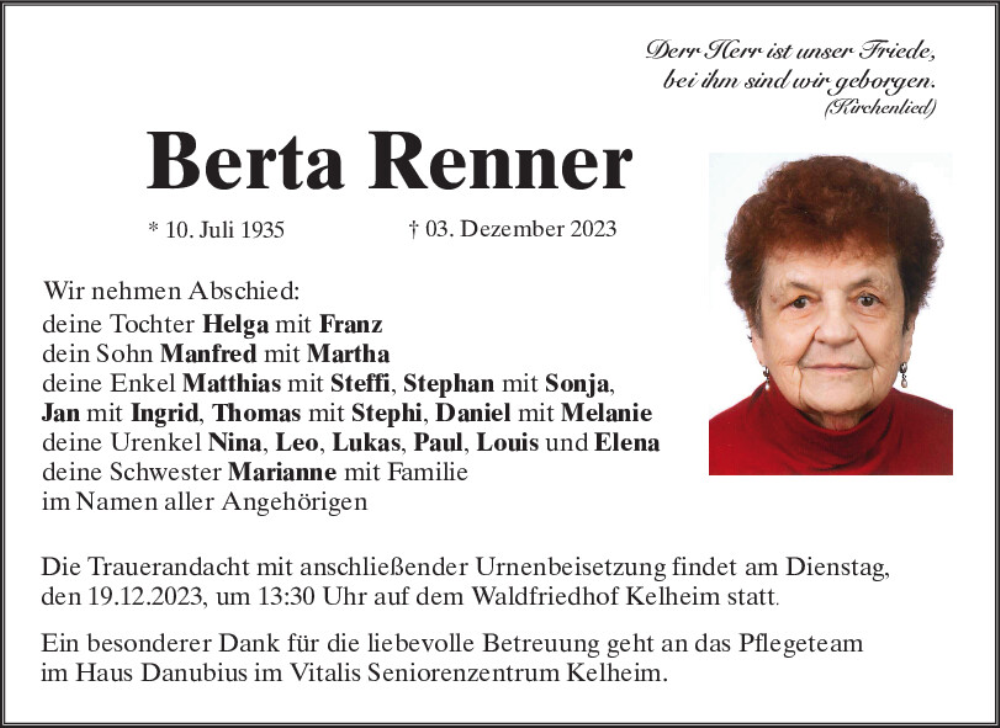  Traueranzeige für Berta Renner vom 16.12.2023 aus Mittelbayerische Zeitung Kelheim