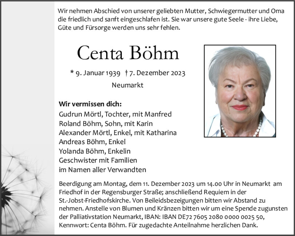  Traueranzeige für Centa Böhm vom 09.12.2023 aus Neumarkter Tagblatt