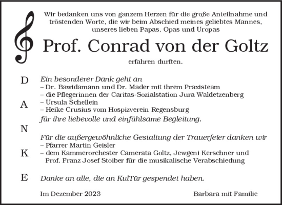 Traueranzeige von Conrad von der Goltz von Mittelbayerische Zeitung Regensburg