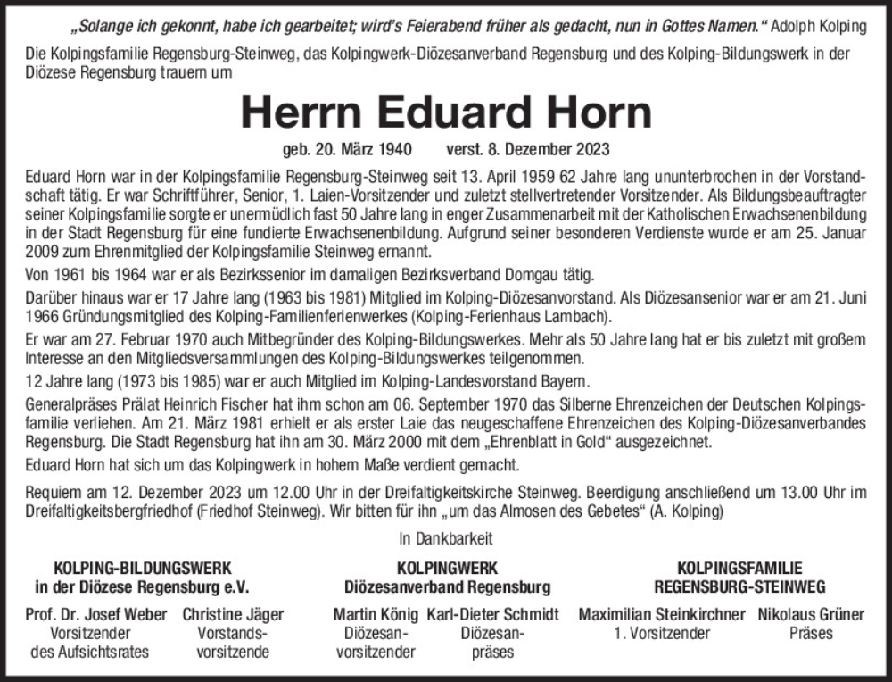  Traueranzeige für Eduard Horn vom 12.12.2023 aus Mittelbayerische Zeitung Regensburg
