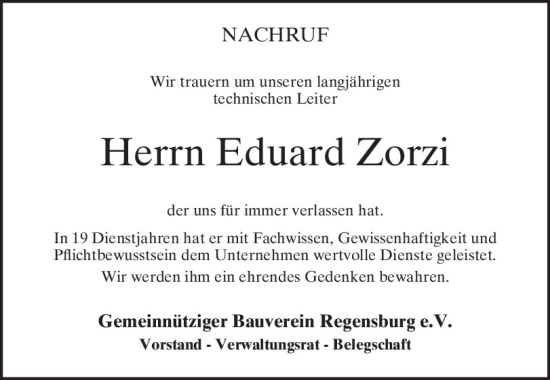 Traueranzeige von Eduard Zorzi von Mittelbayerische Zeitung Regensburg