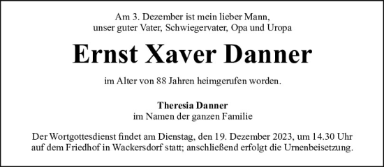 Traueranzeige von Ernst Xaver Danner von Mittelbayerische Zeitung Schwandorf