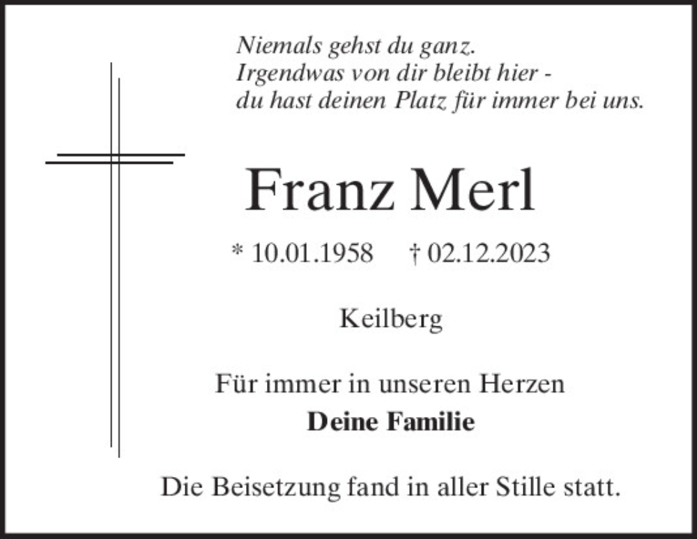  Traueranzeige für Franz Merl vom 16.12.2023 aus Mittelbayerische Zeitung Regensburg