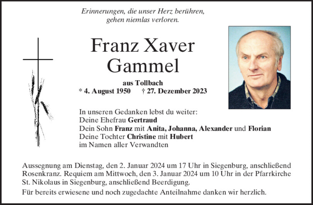  Traueranzeige für Franz Xaver Gammel vom 30.12.2023 aus Mittelbayerische Zeitung Kelheim