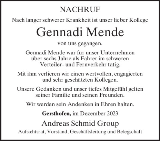 Traueranzeige von Gennadi Mende von Mittelbayerische Zeitung Regensburg