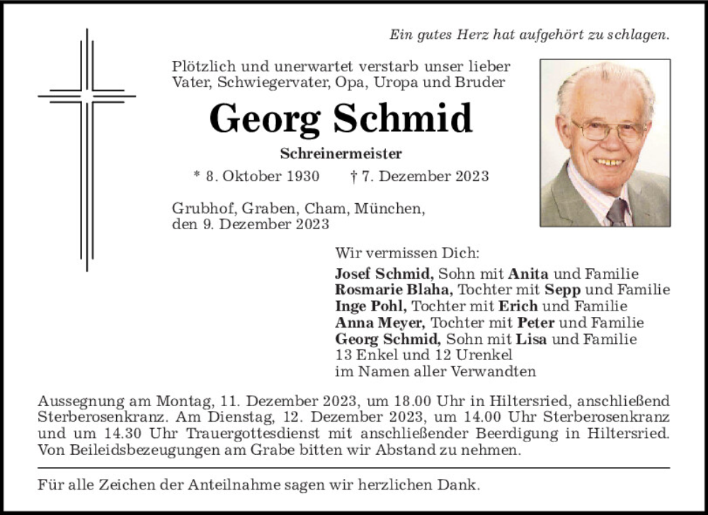  Traueranzeige für Georg Schmid vom 09.12.2023 aus Bayerwald Echo