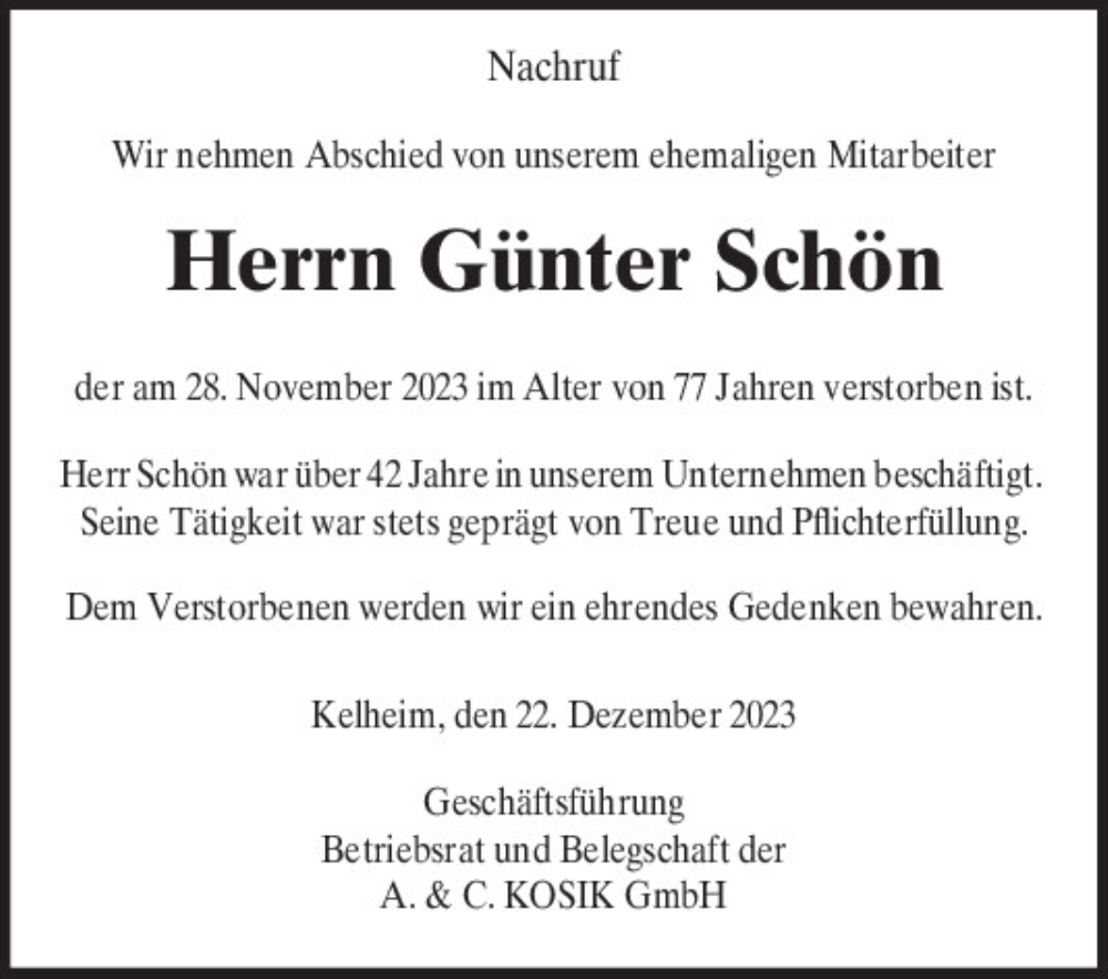  Traueranzeige für Günter Schön vom 22.12.2023 aus Mittelbayerische Zeitung Kelheim