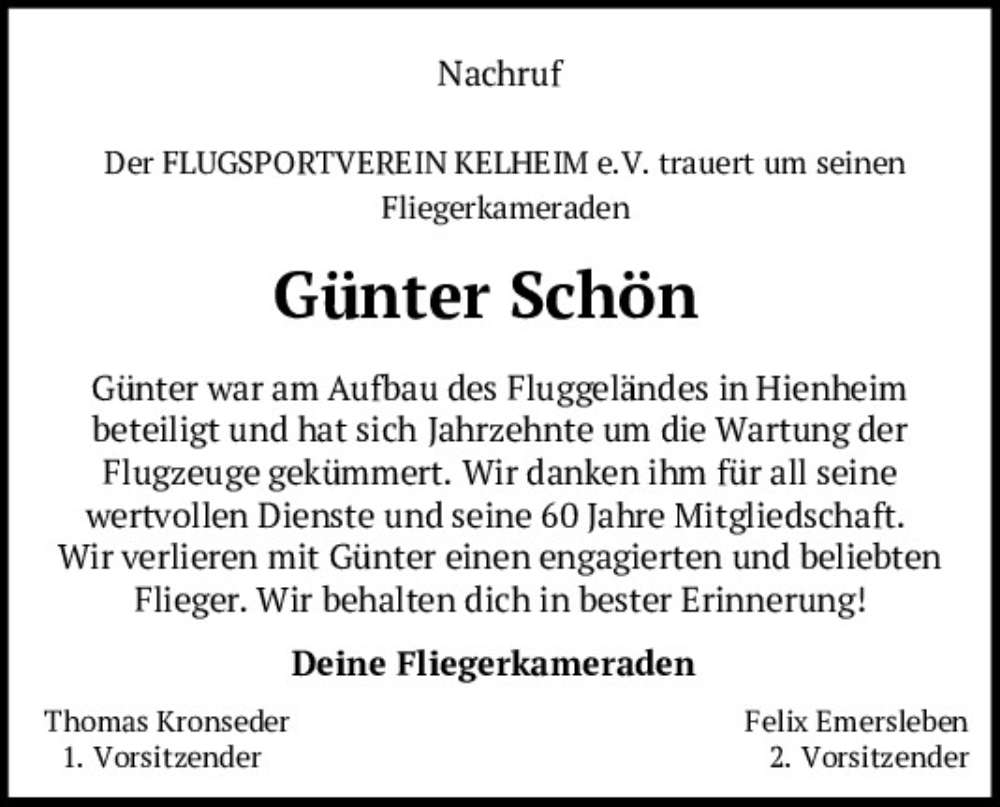  Traueranzeige für Günter Schön vom 21.12.2023 aus Mittelbayerische Zeitung Kelheim