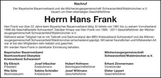 Traueranzeige von Hans Frank von Mittelbayerische Zeitung Schwandorf