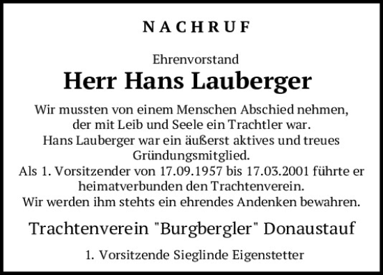 Traueranzeige von Hans Lauberger von Mittelbayerische Zeitung Regensburg