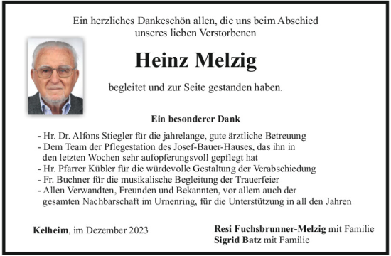 Traueranzeige von Heinz Melzig von Mittelbayerische Zeitung Kelheim