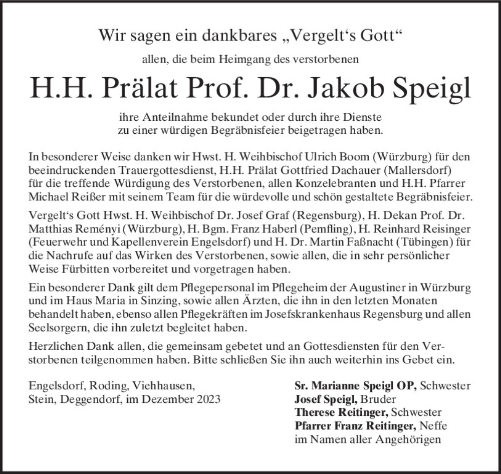  Traueranzeige für Jakob Speigl vom 22.12.2023 aus Mittelbayerische Zeitung Regensburg