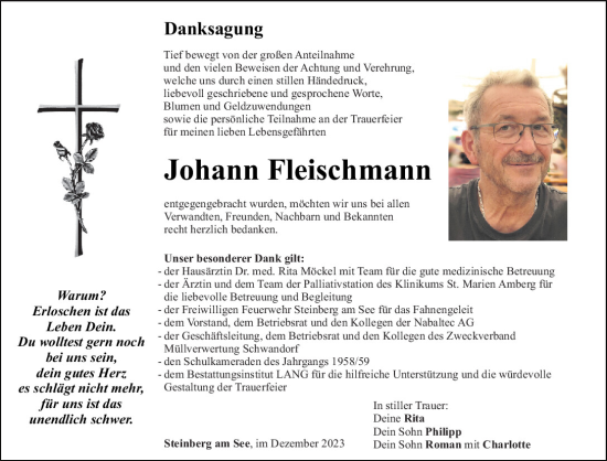 Traueranzeige von Johann Fleischmann von Mittelbayerische Zeitung Schwandorf