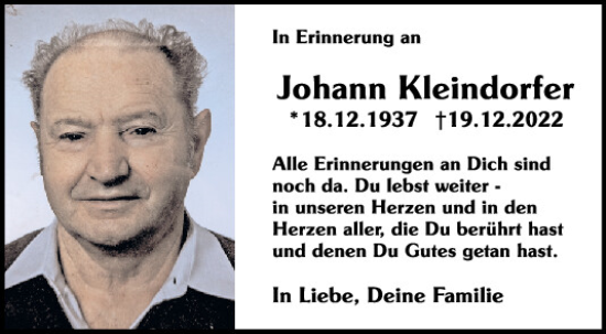 Traueranzeige von Johann Kleindorfer von Mittelbayerische Zeitung Kelheim