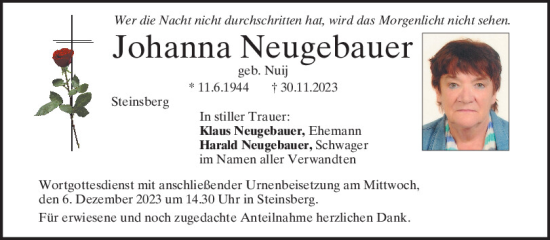 Traueranzeige von Johanna Neugebauer von Mittelbayerische Zeitung Regensburg