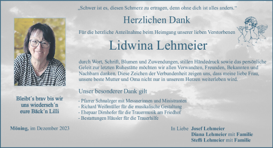 Traueranzeige von Lidwina Lehmeier von Neumarkter Tagblatt