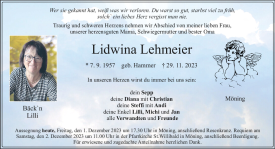 Traueranzeige von Lidwina Lehmeier von Neumarkter Tagblatt