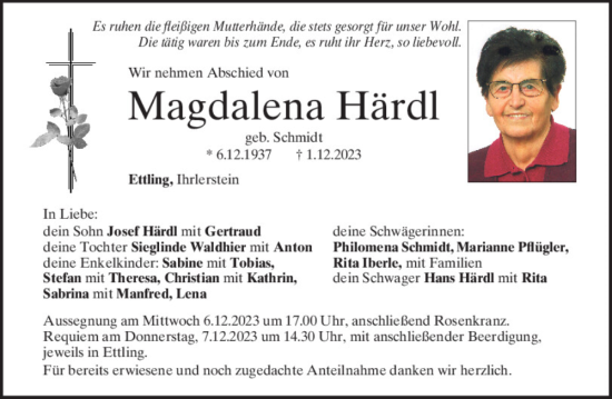 Traueranzeige von Magdalena Härdl von Mittelbayerische Zeitung Kelheim