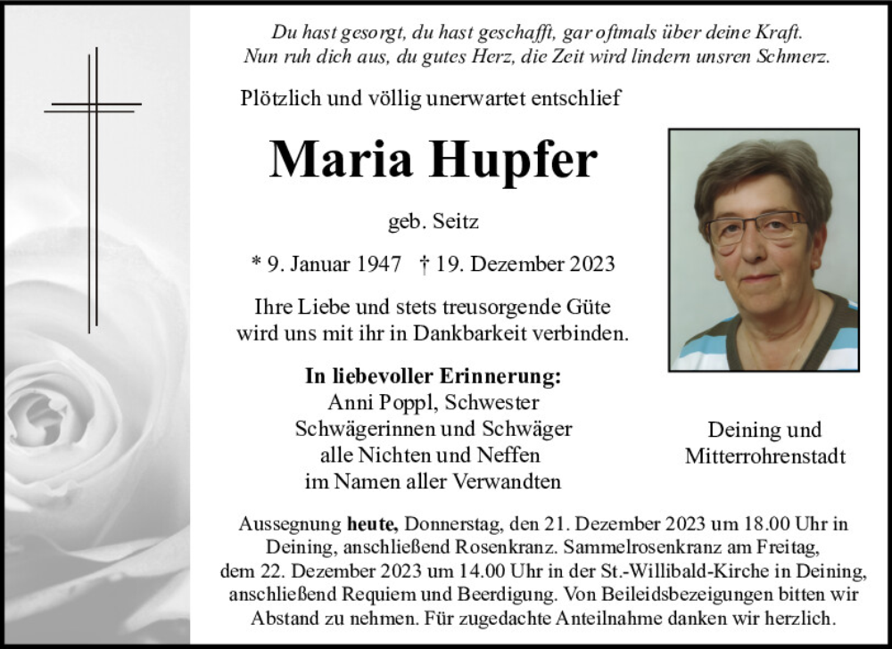  Traueranzeige für Maria Hupfer vom 21.12.2023 aus Neumarkter Tagblatt