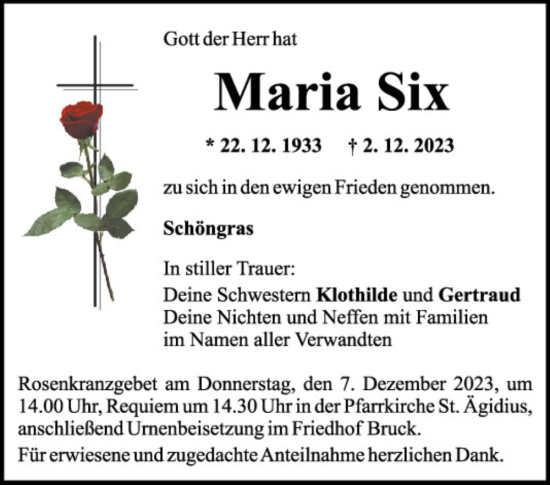 Traueranzeige von Maria Six von Mittelbayerische Zeitung Schwandorf