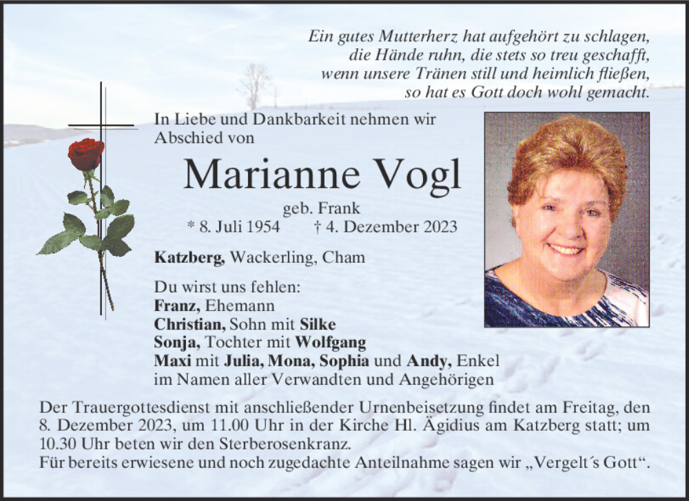  Traueranzeige für Marianne Vogl vom 06.12.2023 aus Bayerwald Echo