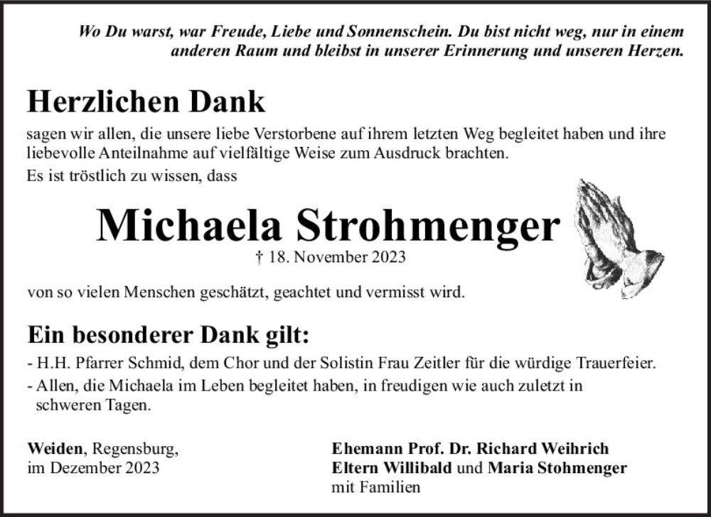  Traueranzeige für Michaela Strohmenger vom 01.12.2023 aus Mittelbayerische Zeitung Regensburg