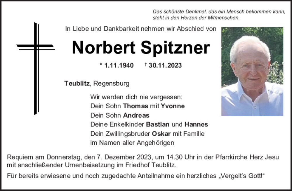  Traueranzeige für Norbert Spitzner vom 02.12.2023 aus Mittelbayerische Zeitung Schwandorf
