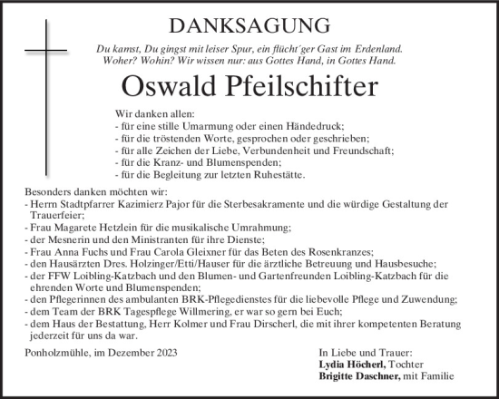 Traueranzeige von Oswald Pfeilschifter von Bayerwald Echo