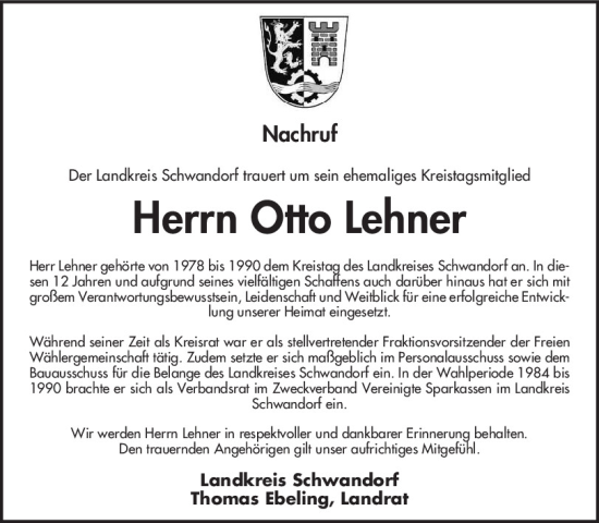 Traueranzeige von Otto Lehner von Mittelbayerische Zeitung Schwandorf