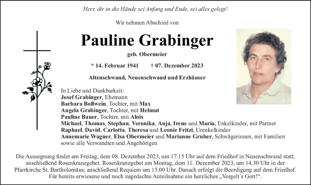  Traueranzeige für Pauline Grabinger vom 08.12.2023 aus Mittelbayerische Zeitung Schwandorf