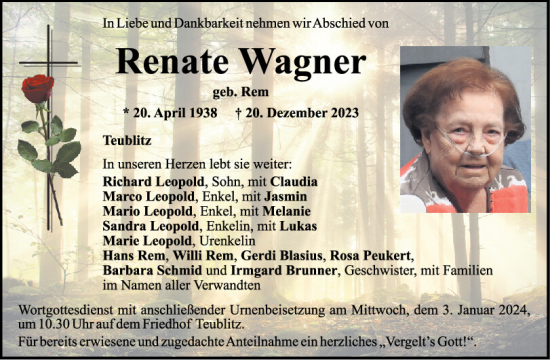 Traueranzeige von Renate Wagner von Mittelbayerische Zeitung Schwandorf