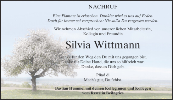 Traueranzeige von Silvia Wittmann von Neumarkter Tagblatt