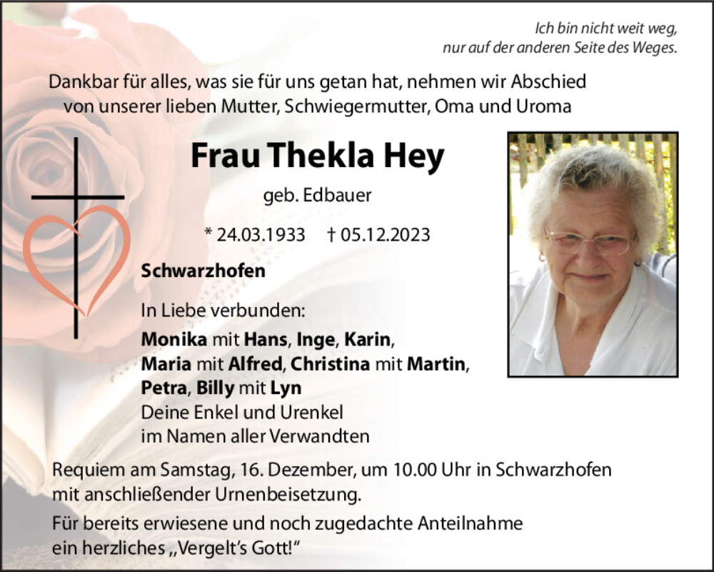  Traueranzeige für Thekla Hey vom 09.12.2023 aus Mittelbayerische Zeitung Schwandorf