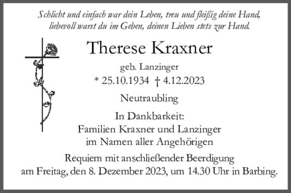  Traueranzeige für Therese Kraxner vom 06.12.2023 aus Mittelbayerische Zeitung Regensburg
